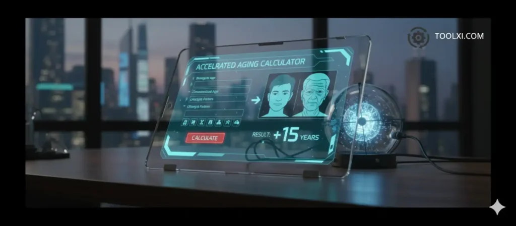 Futuristic 'Accelerated Aging Calculator' showing a young face transforming into an older one, with 'Result