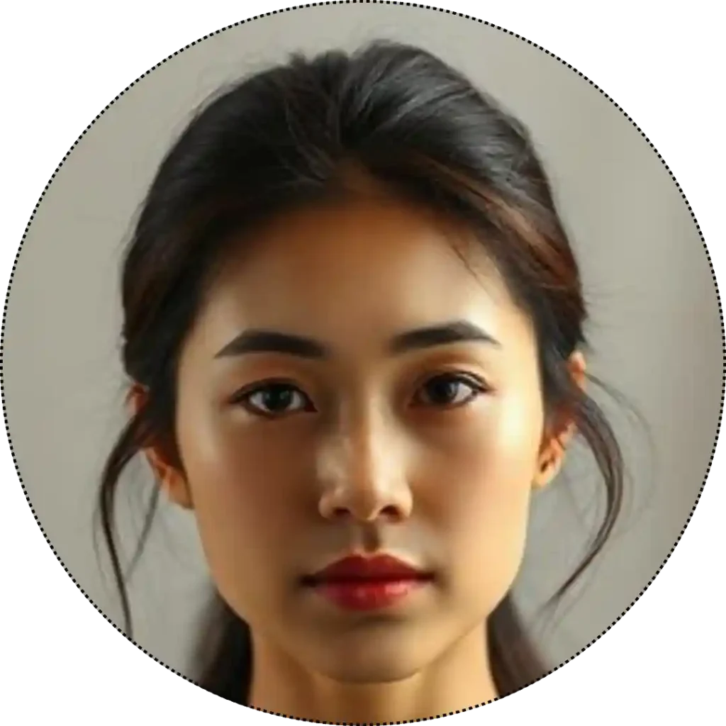 Circle crop photo with a decorative dotted line border.