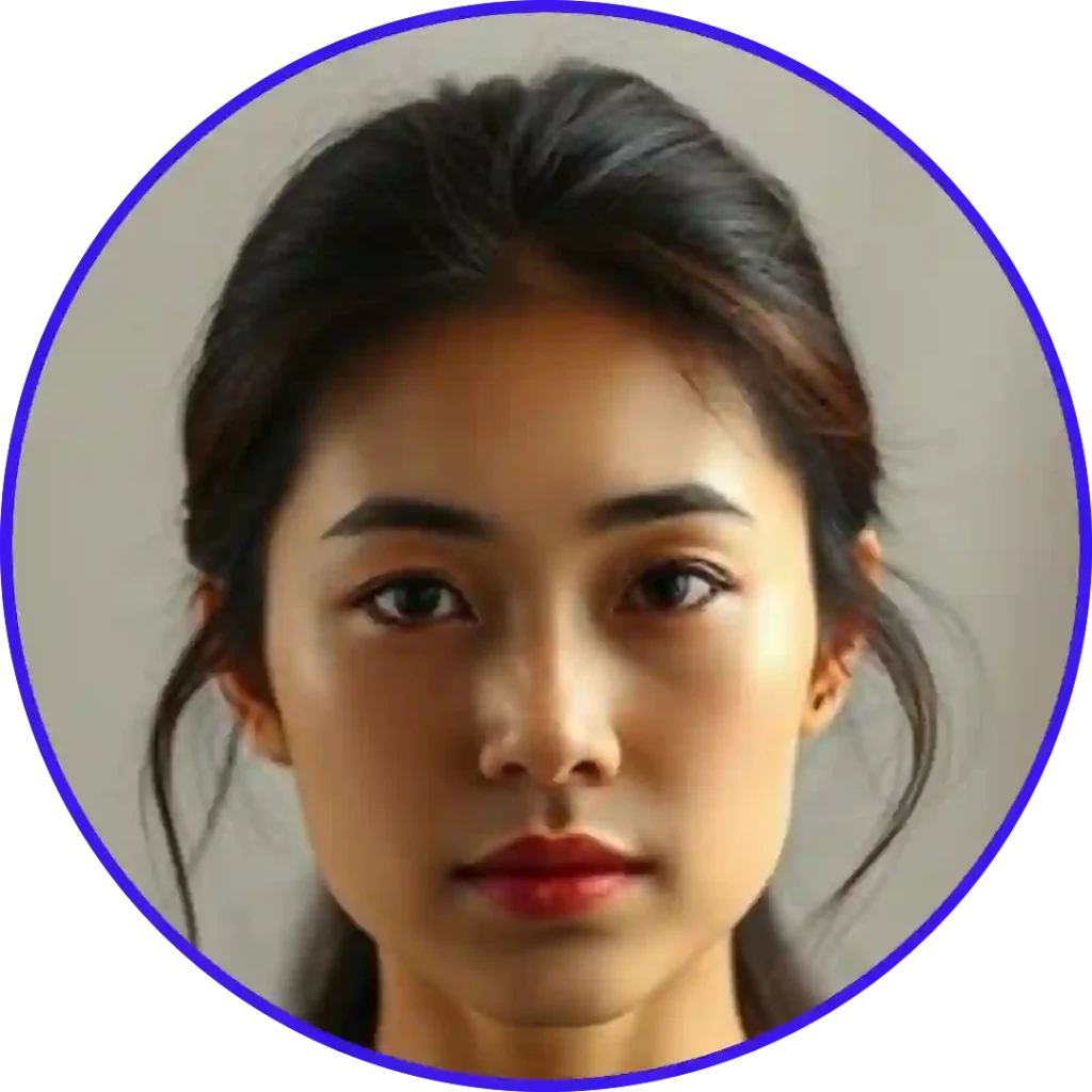 Circular cropped photo with a classic professional blue border.