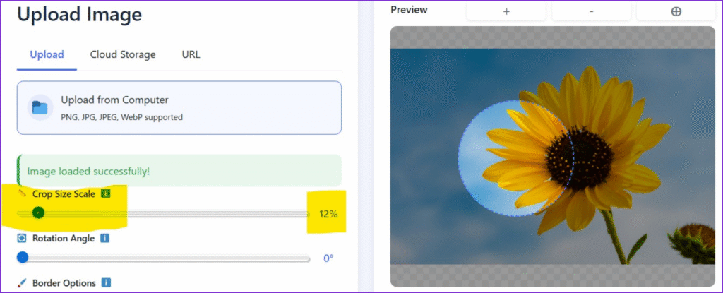 Using the Crop Size Scale slider to resize the selection circle over the image.