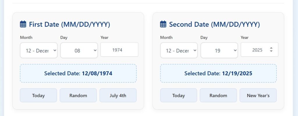 Birthday Difference Calculator Online -interface with first date and second date selection in MM/DD/YYYY format