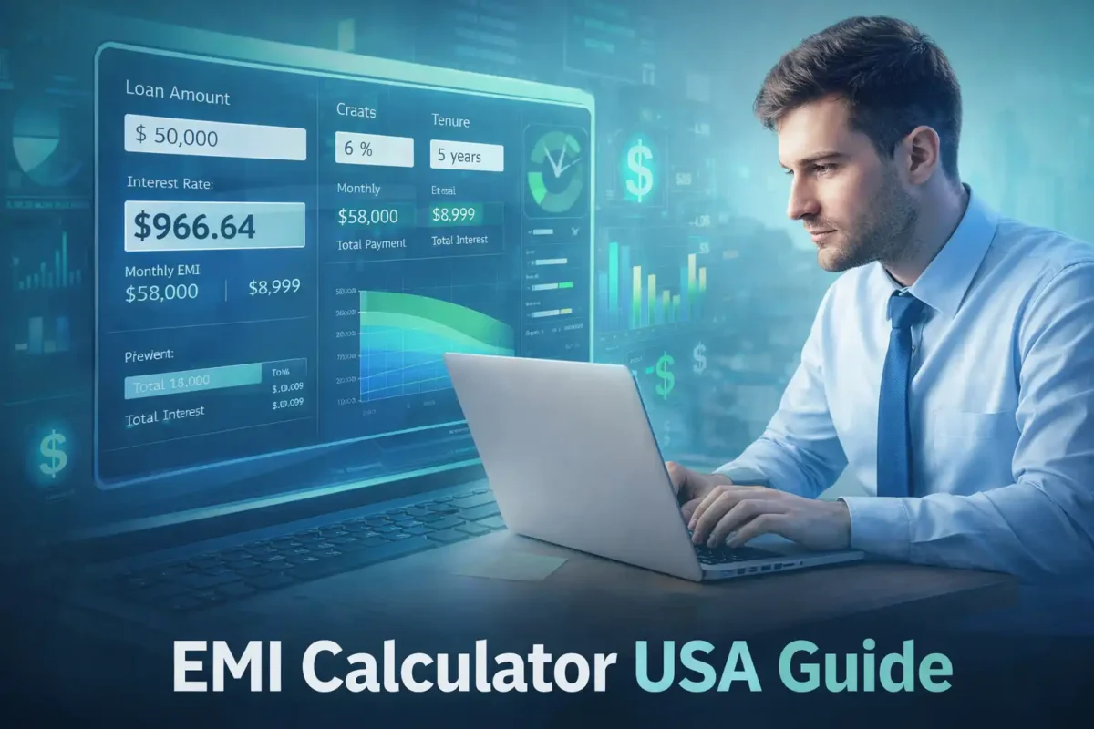 “EMI calculator USA guide showing loan payment calculator with interest breakdown on laptop for monthly EMI planning”