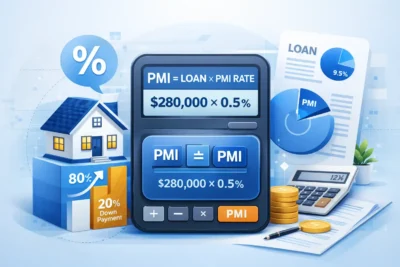 A stylized 3D rendered graphic centered around a large blue calculator. The screen clearly shows the formula: "PMI = LOAN × PMI RATE." Below, the math is applied to a real example: "$280,000 × 0.5%," showing a monthly PMI estimate. To the left is a miniature two-story house with two large bars representing "80% Loan" and "20% Down Payment." An arrow points upward from the 20% mark, illustrating the down payment threshold to avoid PMI. A mortgage document with pie charts is in the background.