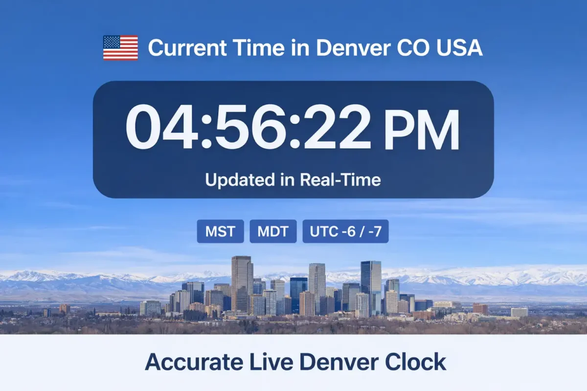 Current time in Denver CO USA live clock showing MST MDT timezone with real-time update