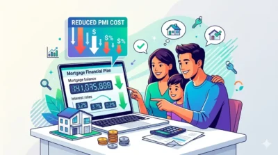 A colorful vector illustration in the flat-design style showing an American family—a mother, father, and son—happily planning their mortgage payoff. They are gathered at a desk, pointing at a laptop screen titled "Mortgage Financial Plan." A prominent pop-up box above the screen declares "REDUCED PMI COST," accompanied by graphs showing large downward-pointing arrows. On the desk are a miniature house, stacks of coins, and a calculator. Thought bubbles with house and key icons float above the family's heads.