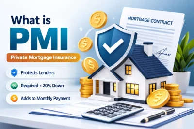 A detailed 3D illustration explaining what Private Mortgage Insurance (PMI) is for USA homebuyers. A small model house sits under a large shield with a checkmark, symbolizing financial protection. Below the house are stacks of golden dollar coins and a list defining PMI: "Protects Lenders," "Required for loans with less than 20% down payment," and "Adds to monthly payment." A mortgage calculator, contract, and pen are visible on a desk, illustrating how PMI is calculated.
