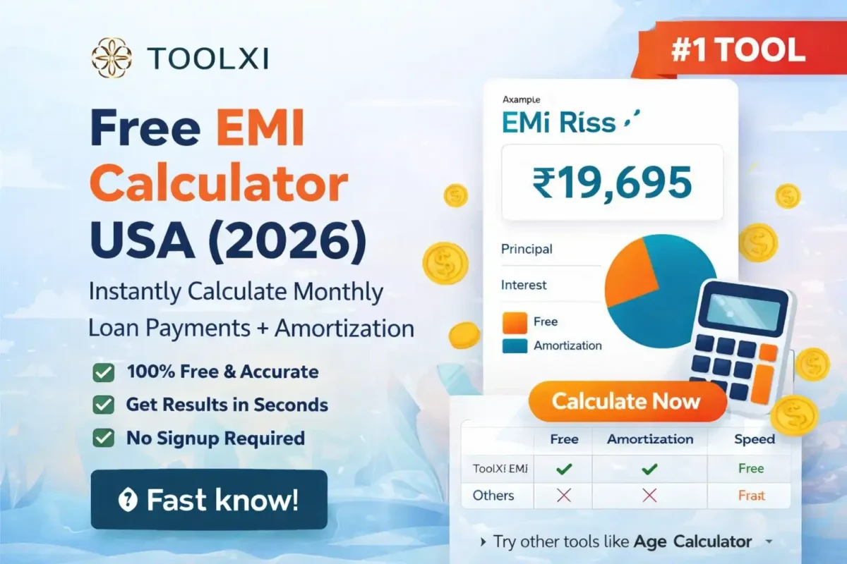 Free EMI Calculator USA showing monthly loan payment and amortization chart with instant results