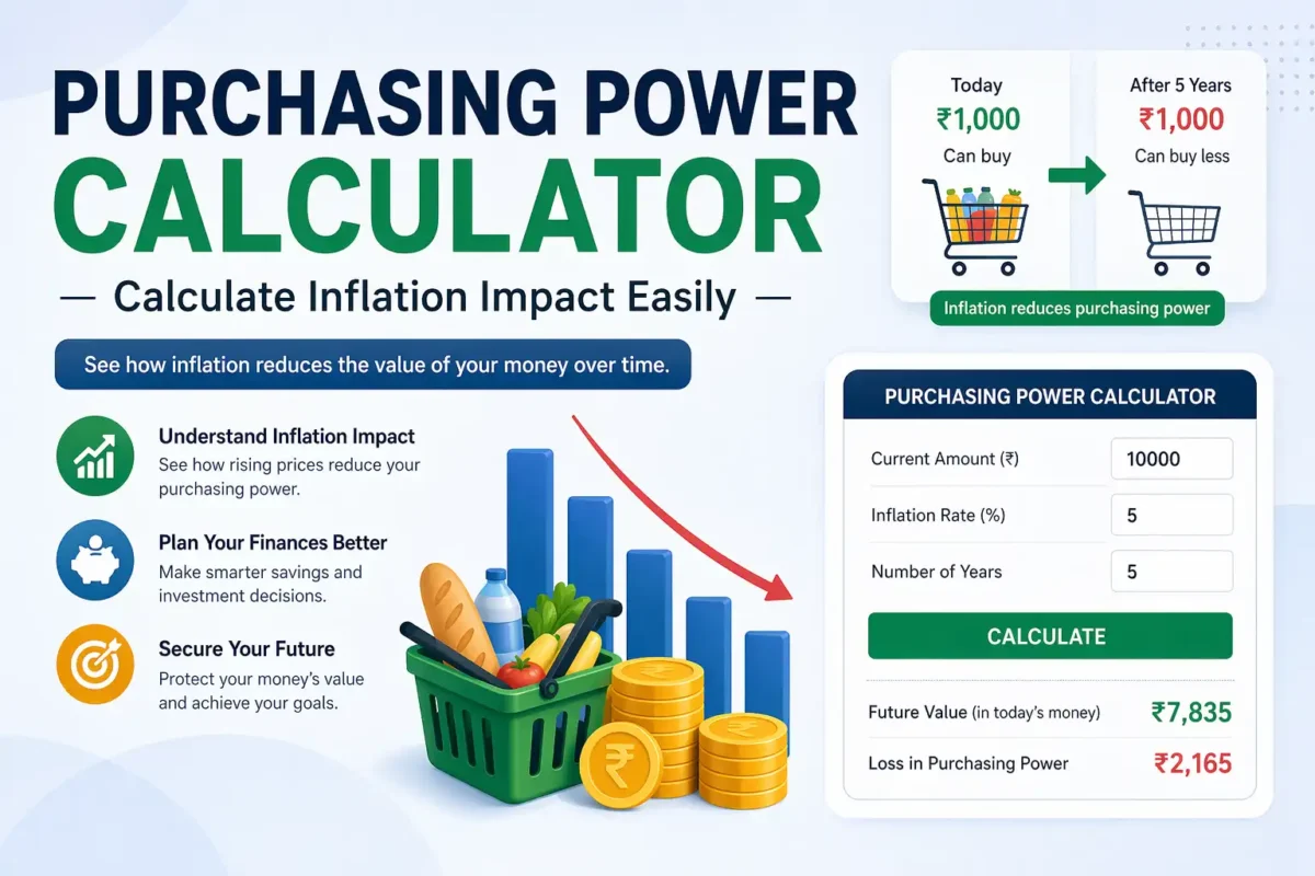 Purchasing power calculator showing inflation impact on money value over time with example ₹1000 today vs future