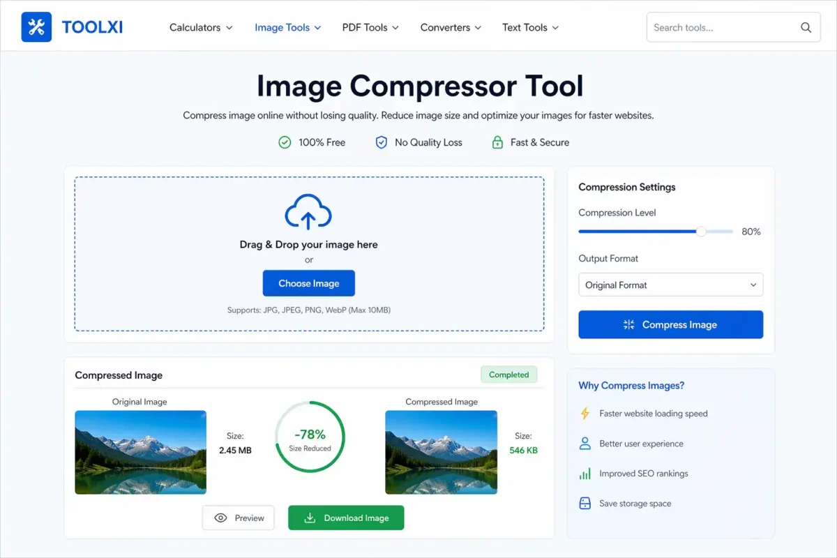 Image compressor tool interface showing image upload, compression settings, and reduced image size preview
