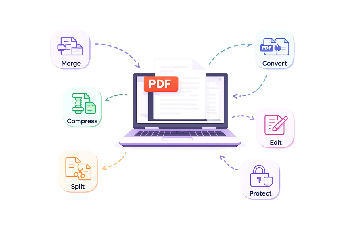 Online tools dashboard illustration showing free PDF merge, compress, convert and edit tools