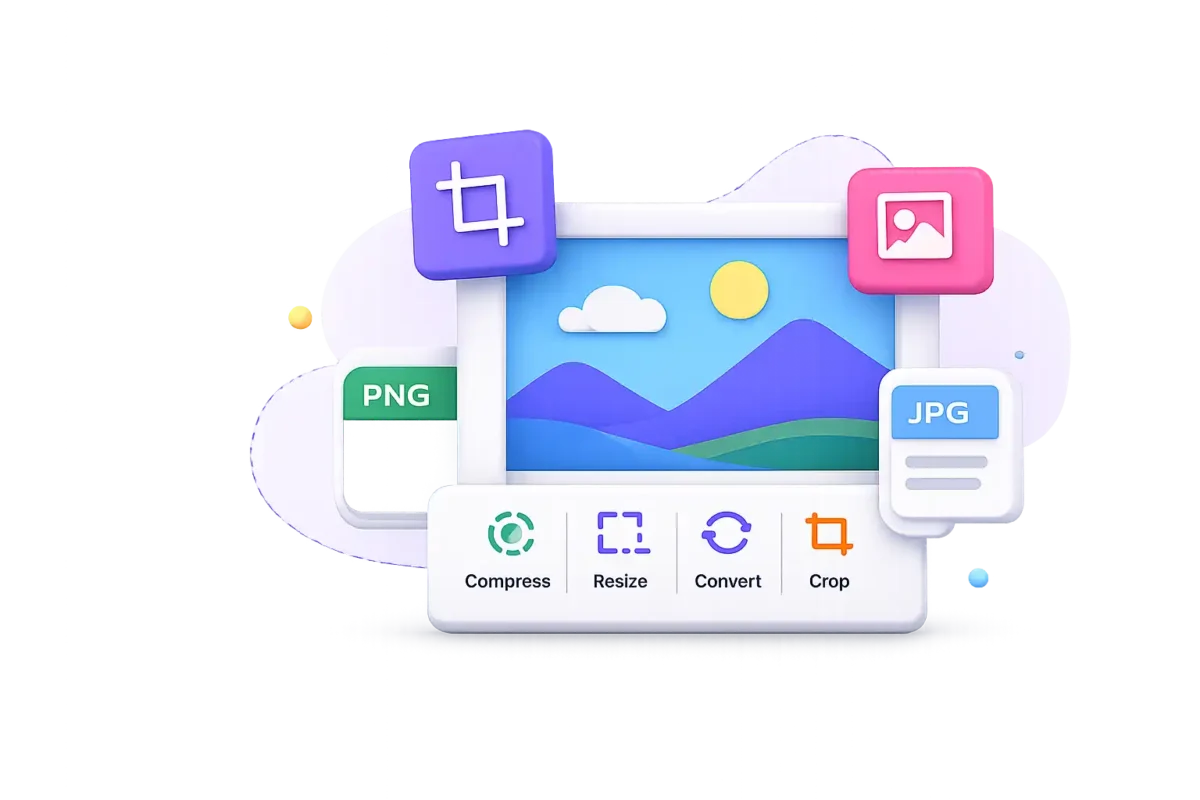 Free online image tools illustration showing crop, resize, compress and image converter tools