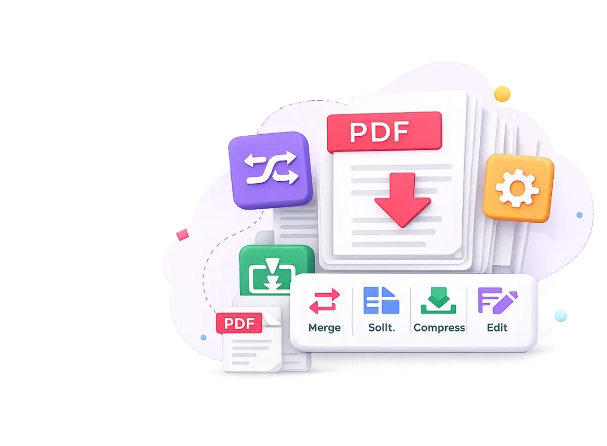 Free PDF Tools illustration showing merge, split, compress and edit PDF files online