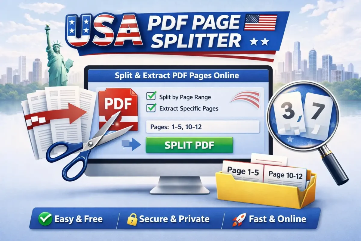 USA PDF page splitter tool interface showing split PDF by page ranges online and extract specific pages from PDF free