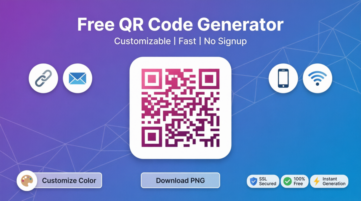 Adobe QR code generator alternative: Toolxi's free customizable QR tool with pink QR preview, multiple content types, instant download