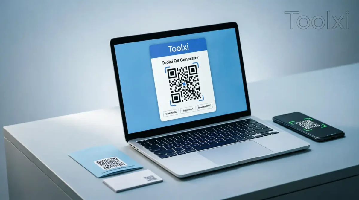 How to generate QR code for website - Professional workspace showing laptop with Toolxi QR generator, smartphone scanning QR code, and business cards