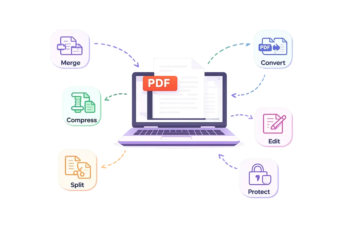 Online tools dashboard illustration showing free PDF merge, compress, convert and edit tools