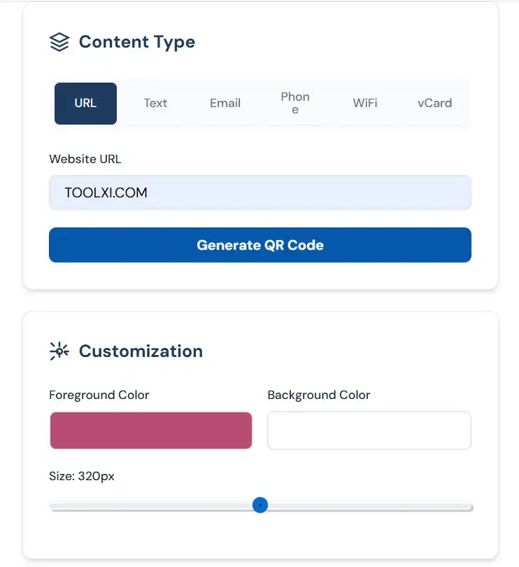 Toolxi QR code generator interface - free Adobe QR code generator alternative showing URL input, web optimization, 299px size, PNG format, error correction settings, and color customization options