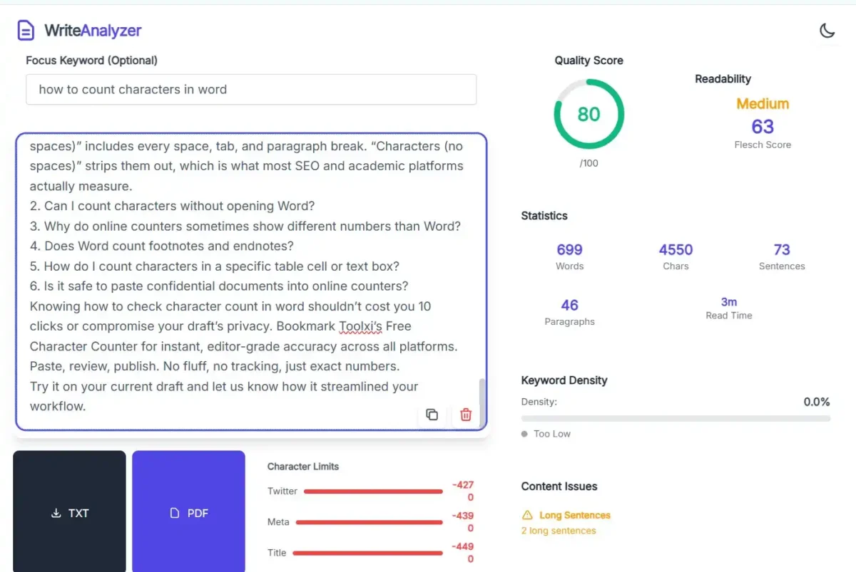 WriteAnalyzer dashboard showing how to count characters in Word, displaying quality scores, word counts, and character limit tracking.how to count characters in word​