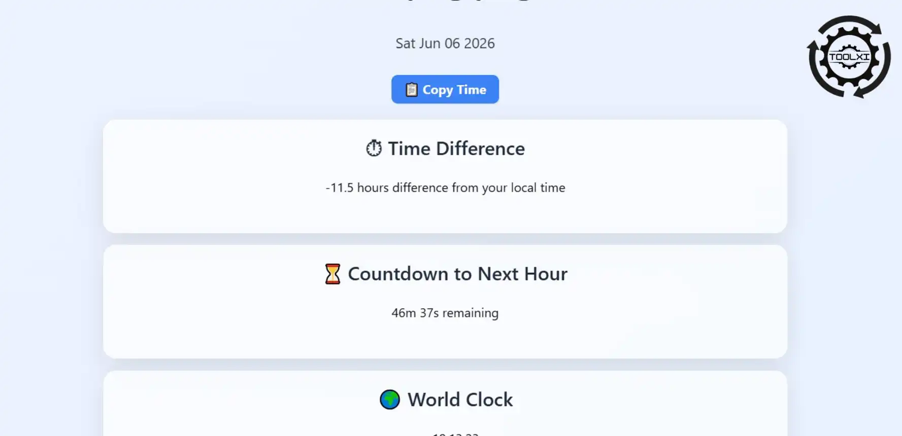 "TOOLXI world clock interface showing Sat Jun 06 2026 date, time difference calculator, countdown to next hour, and copy time button"