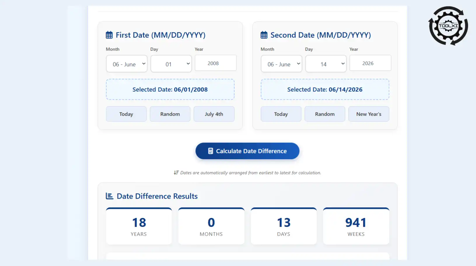 Date difference calculator showing time between June 2008 and June 2026 - 18 years countdown to 2026 with live countdown to 2026 tool by Toolxi