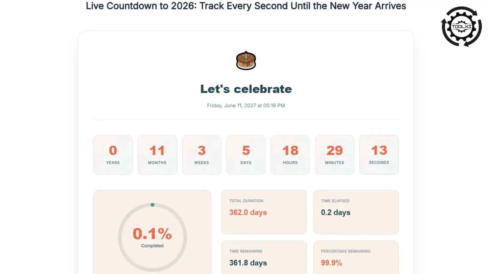 Live countdown to 2026 timer showing 11 months, 3 weeks, 5 days remaining with progress ring displaying 0.1% completed - real-time countdown interface by Toolxi