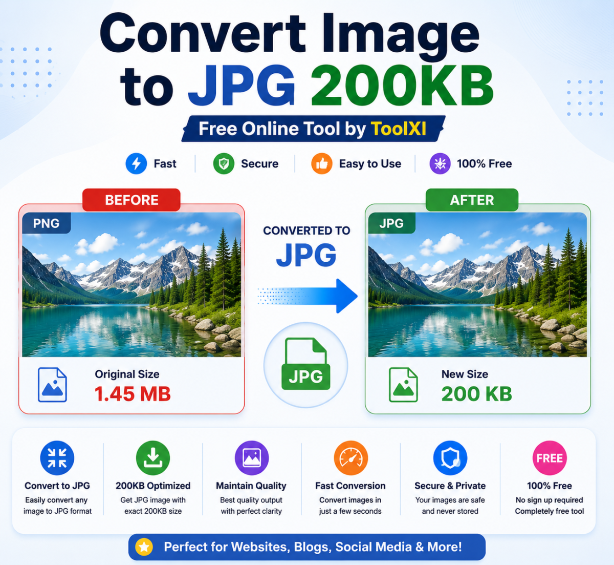 Convert image to JPG 200KB online with before and after comparison showing PNG file converted to optimized JPG format.