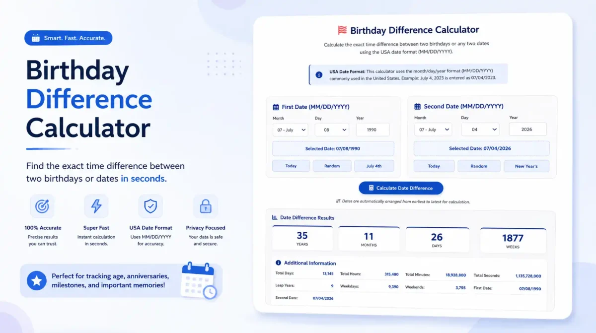 Age Difference Calculator tool interface showing date comparison results, exact age gap calculation in years, months, days, weeks, and detailed time difference statistics.