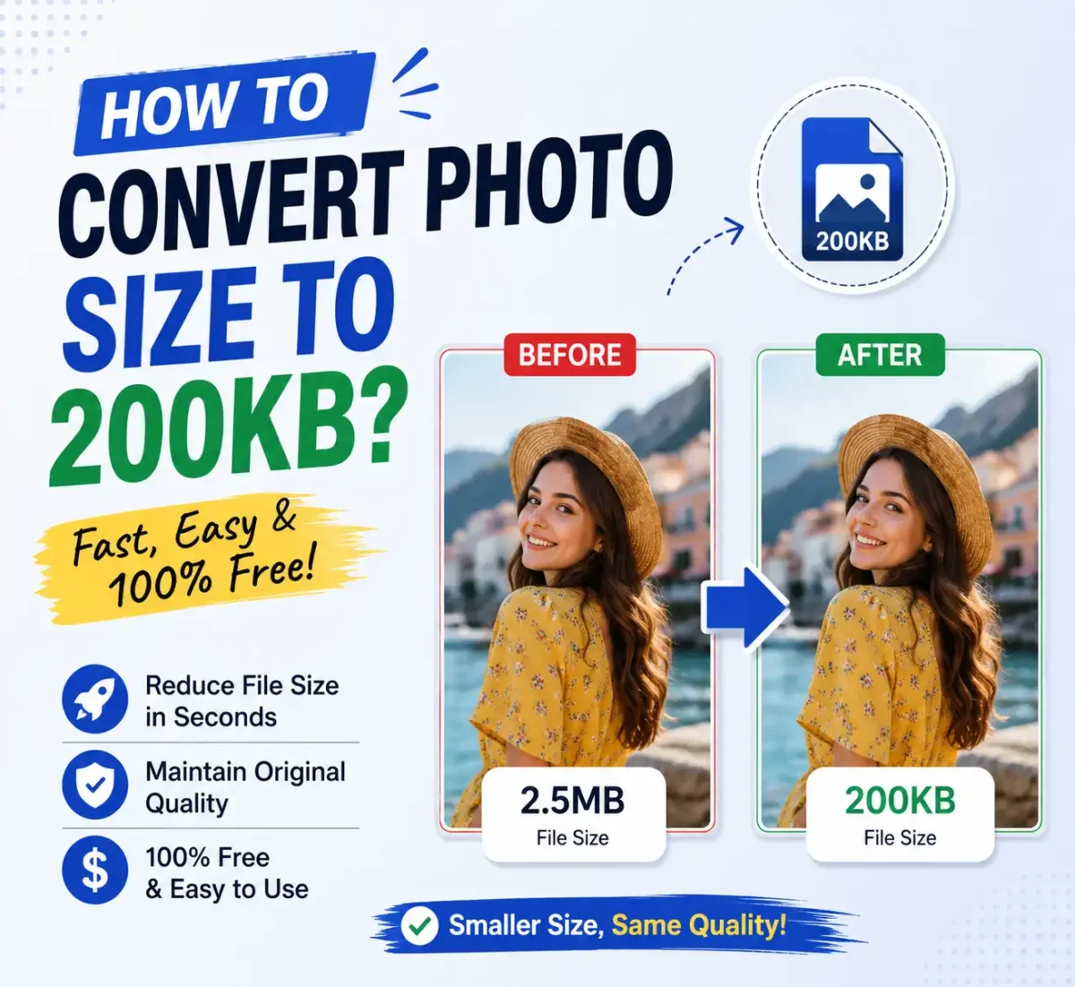 How to convert photo size to 200KB without losing quality using a free online image compressor and resizer tool.